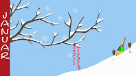 Kahle Zweige eines Baumes. Im Hintergrund ist blauer Himmel. Links neben dem Bild steht von oben nach unten "Januar"