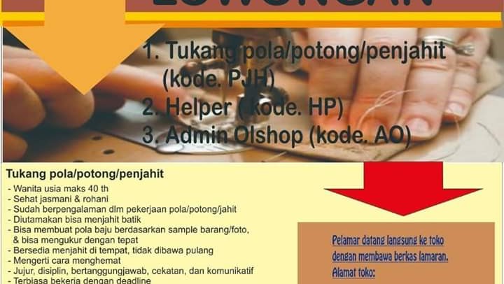 Lowongan Kerja Admin Olshop Tukang Pola Potong Jahit Dan Helper Langitjua Collection Sukoharjo Loker Swasta Lowongan Kerja Admin Olshop Tukang Pola Potong Jahit Dan Helper Langitjua Collection Sukoharjo Loker Swasta