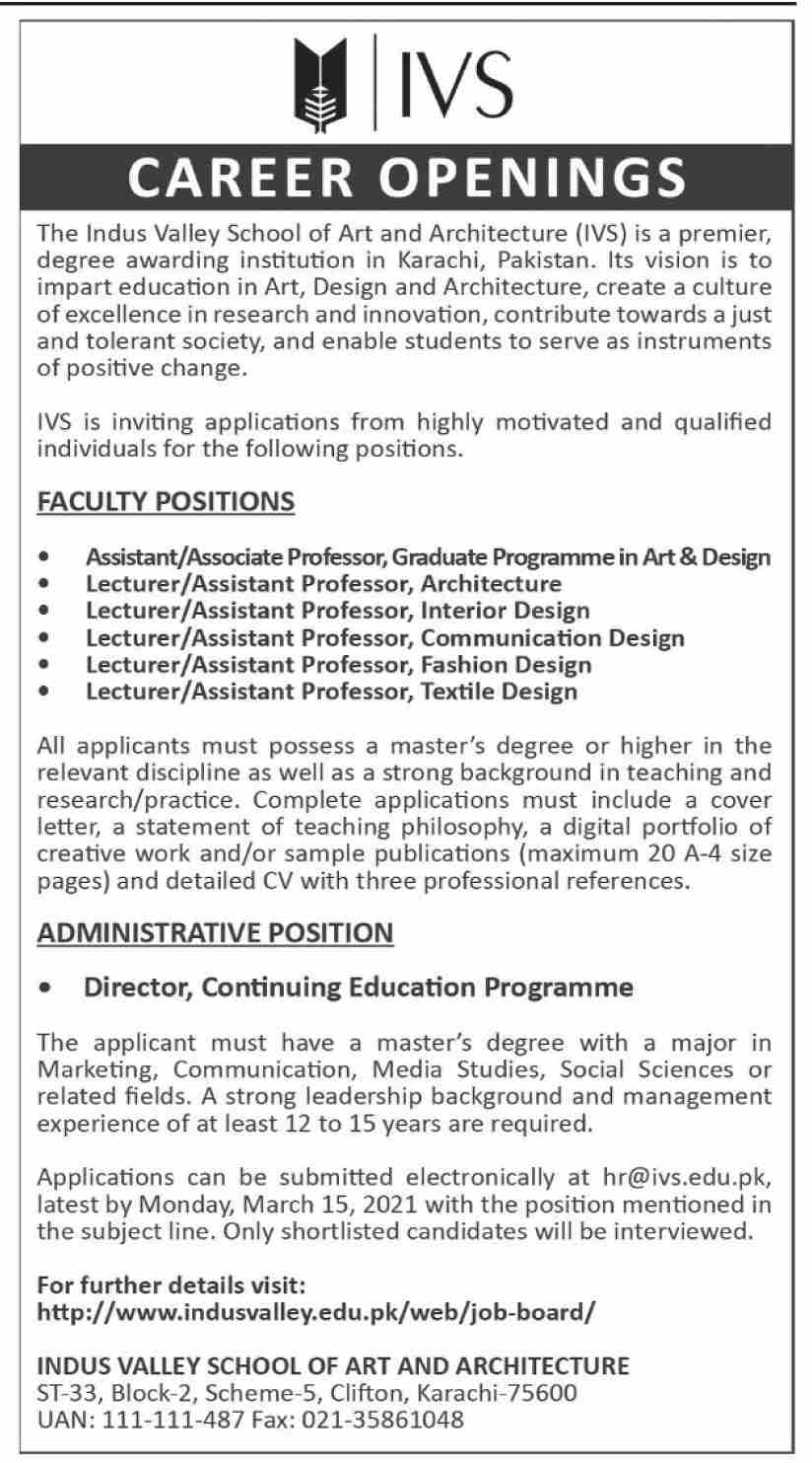 Indus Valley School of Art and Architecture (IVS) Jobs 2021 in Pakistan - Online Apply :- http://www.indusvalley.edu.pk/web/job-board/
