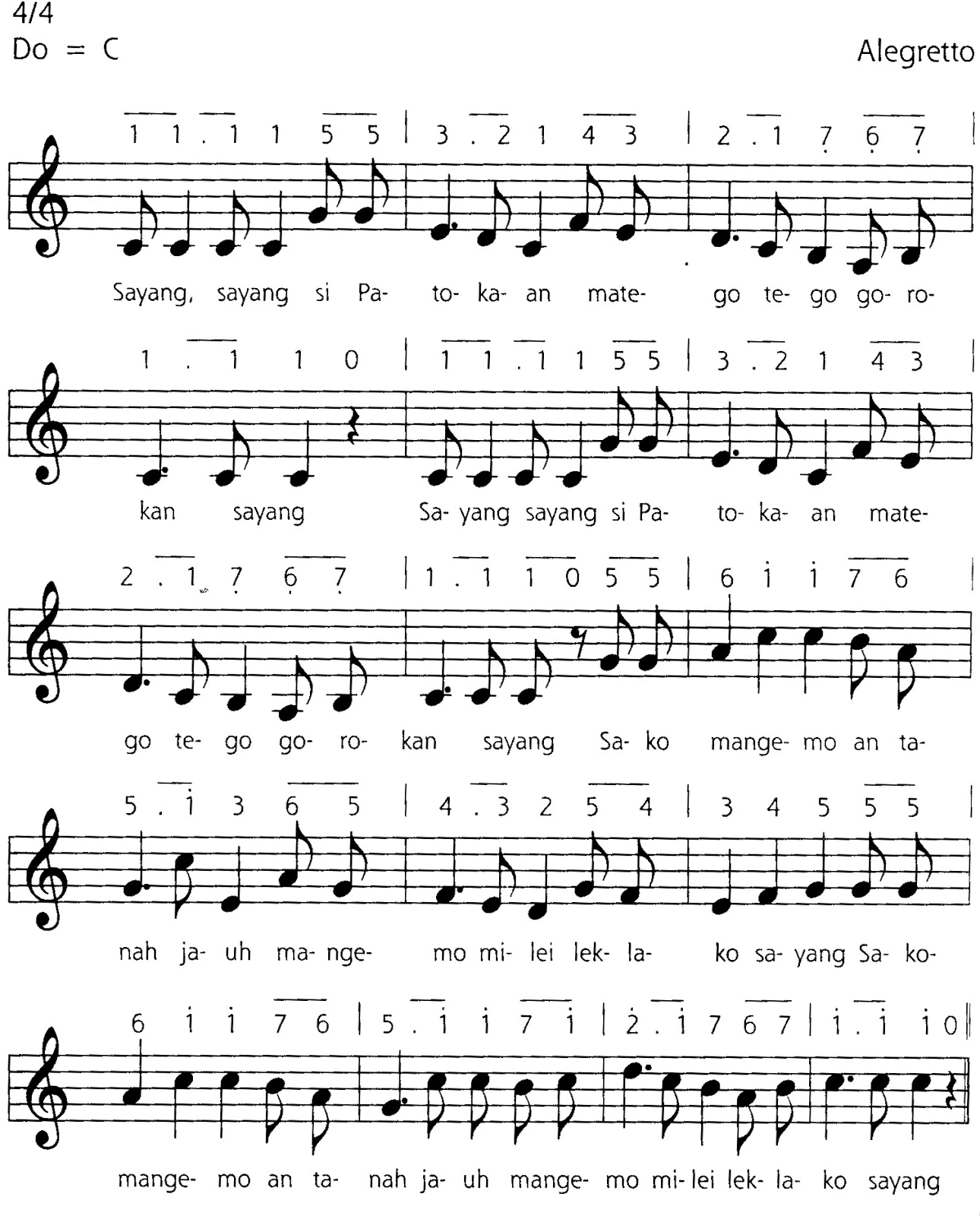 5 Lagu Daerah Beserta Not Angka