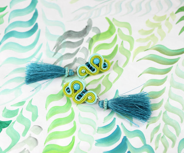 tassels soutache earrings, Lime, turquise,