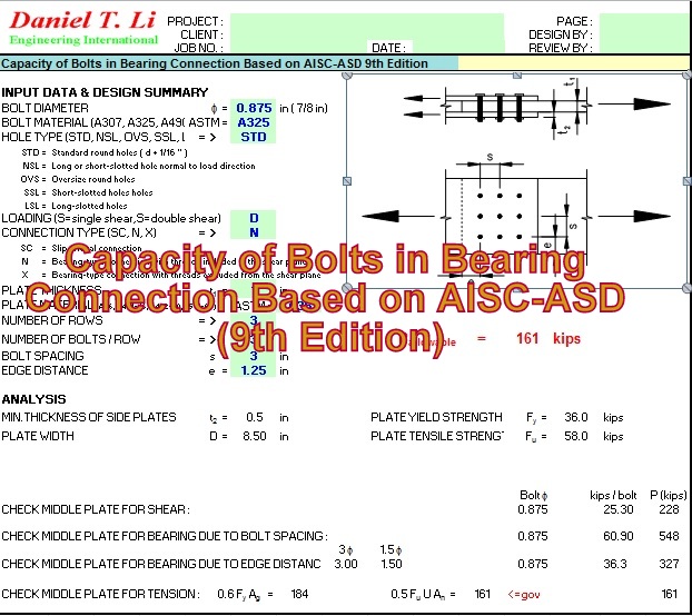 Engineeringxls Capacity of Bolts in Bearing Connection Based on AISC