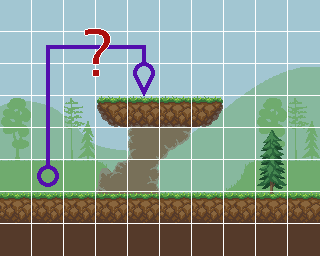 A screenshot of a top-down level, showing that a naive path across tiles doesn't make sense..