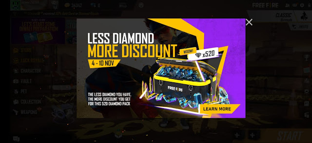 Free Fire Less Diamond More Discount Poster Free Fire Special offer Less Diamond More Discount from 4th November