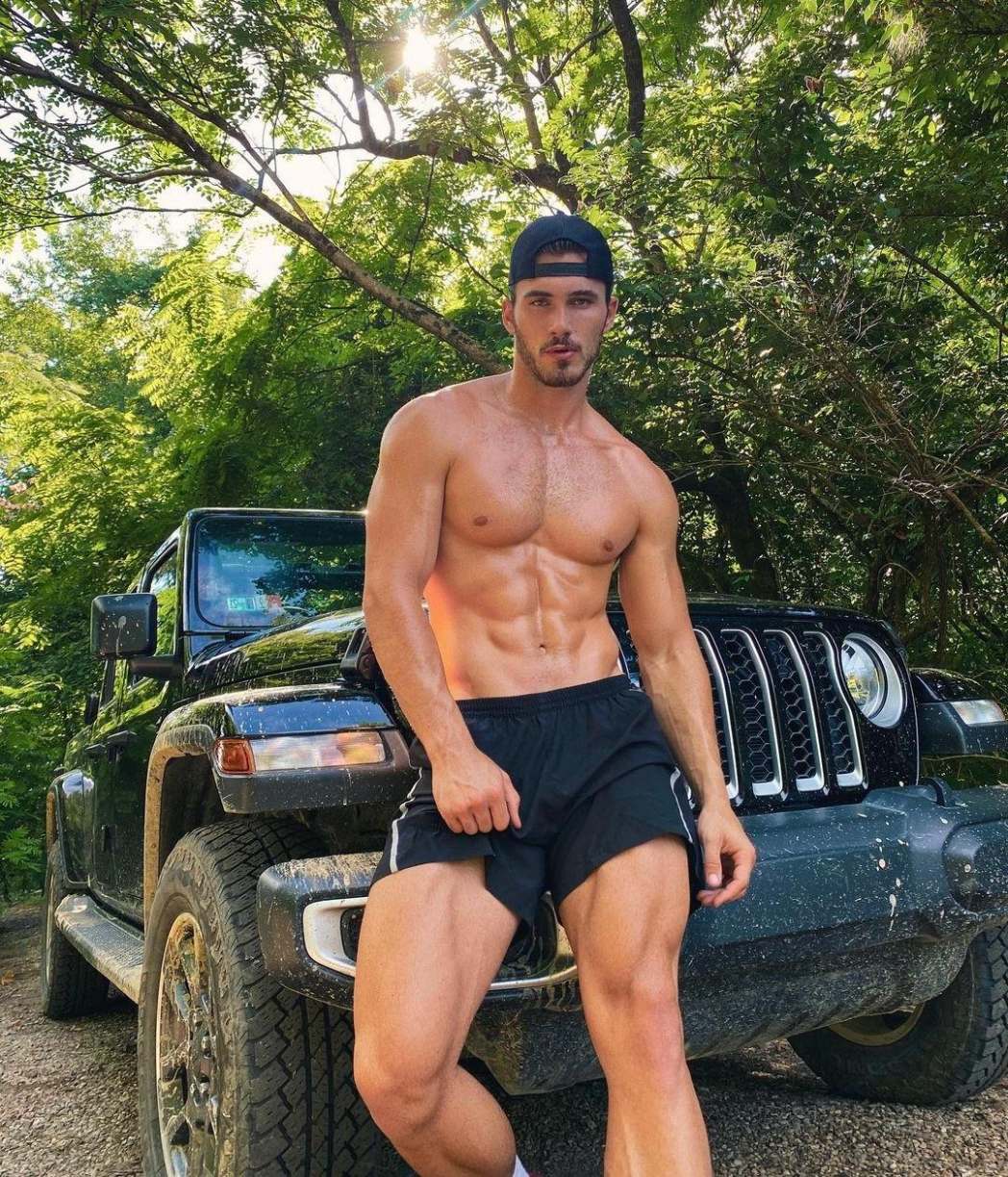 hot-shirtless-fit-muscle-male-model-black-car-shorts-sixpack-abs-shiny-skin