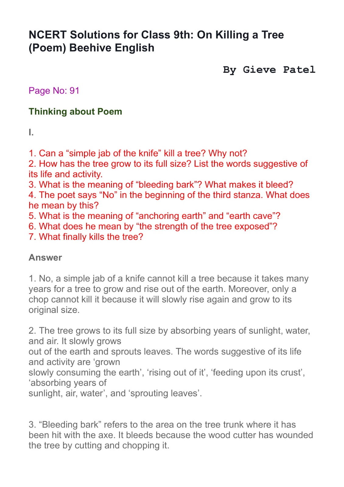 NCERT Solutions Class 9 English Beehive Poem 8 On Killing A Tree