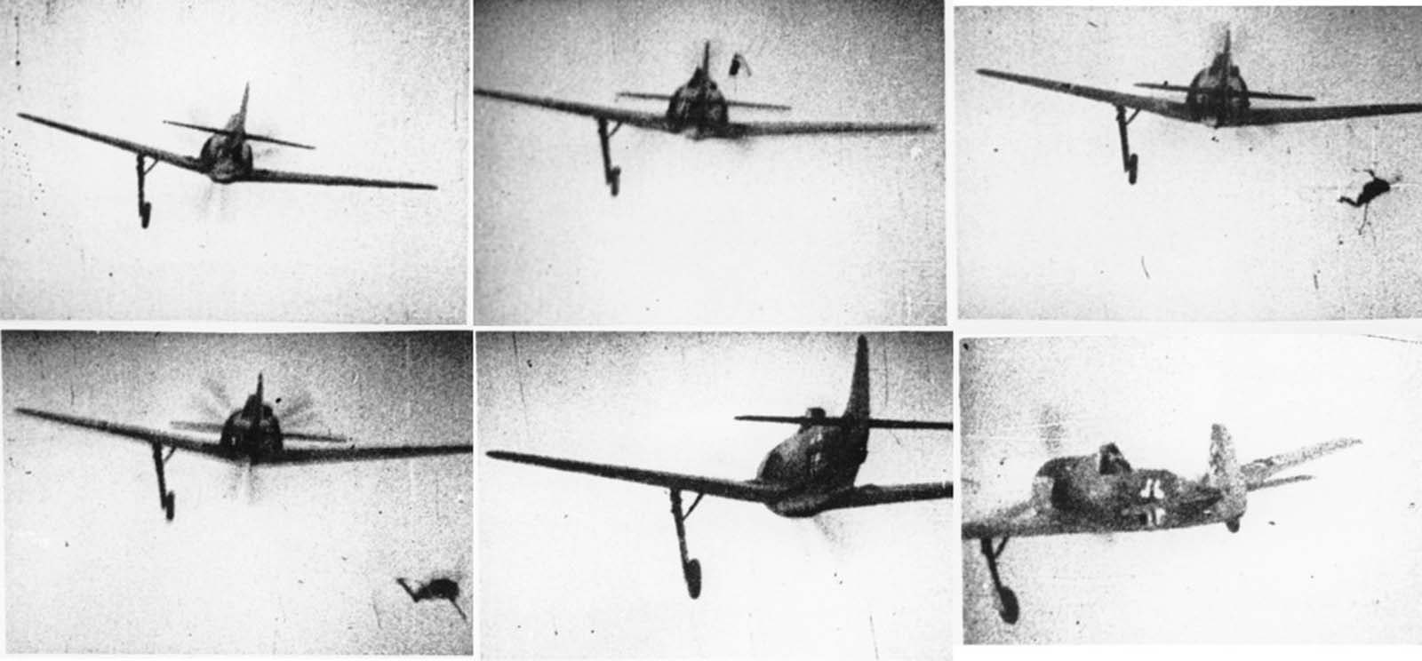 A gun-coupled camera aboard a British RAF Spitfire plane made this record of a German Focke-Wulf Fw 190 fighter aircraft getting shot down in May 1942, over an unknown location.