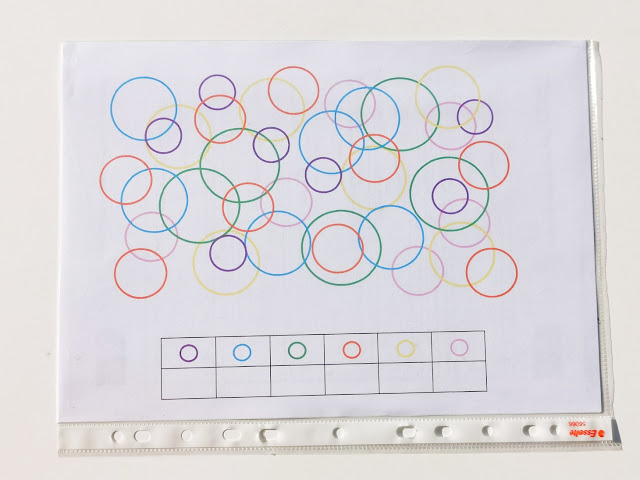 zadania dla przedszkolaków do wydruku, zdjęcie przedstawia kartkę a4 z wydrukowanymi na niej kołami w różnych kolorach, kartka jest włożona do przezroczystej gładkiej teczki foliowej na dokumenty