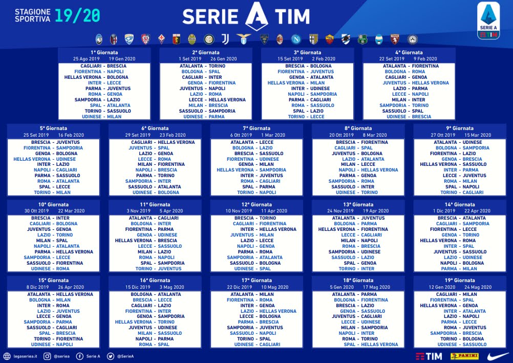 Calendario di Calcio di Serie A 2019-2020, Juve-Napoli alla 2a giornata.