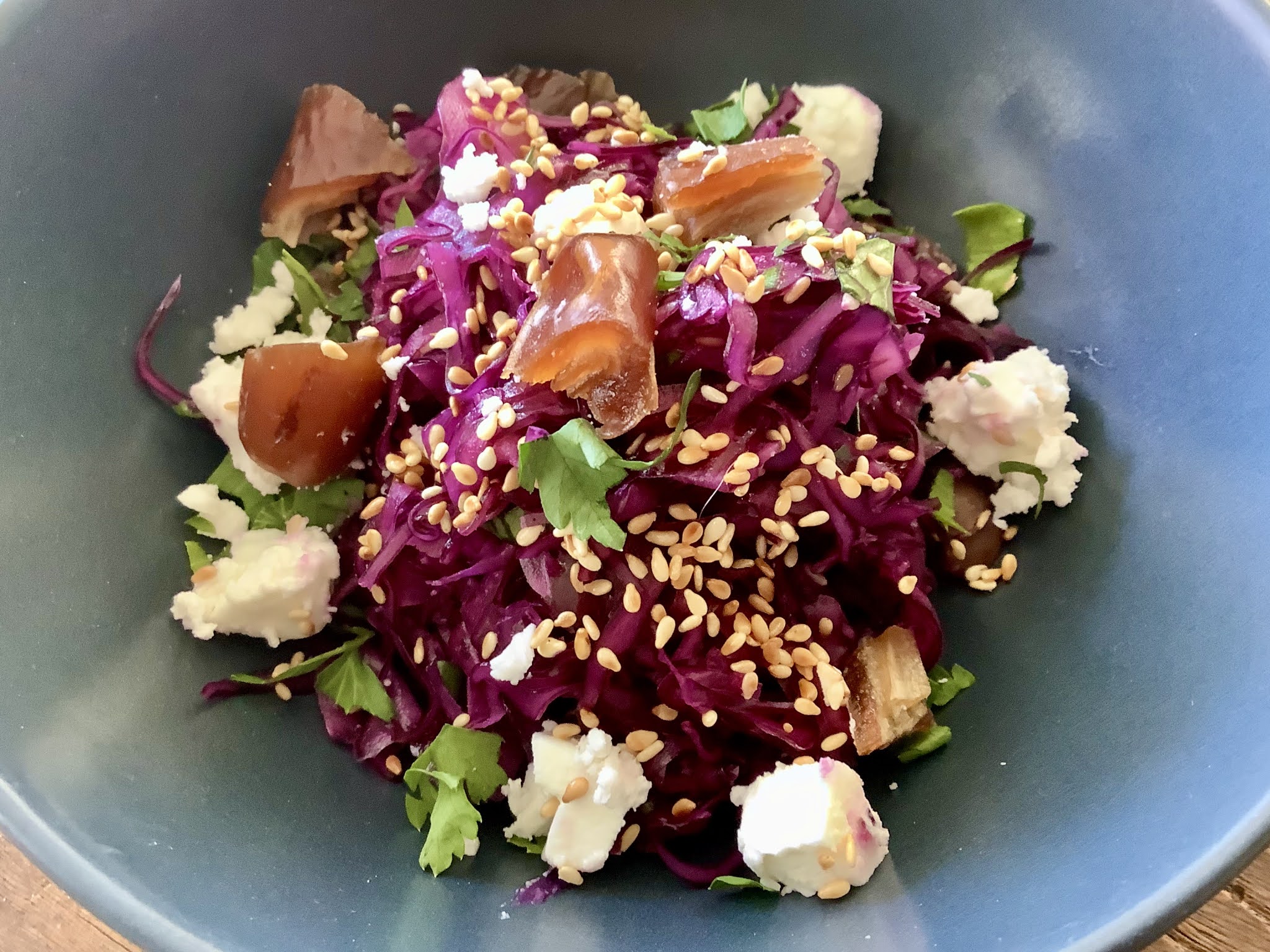 simple food, looking good Red cabbage salad with dates and feta