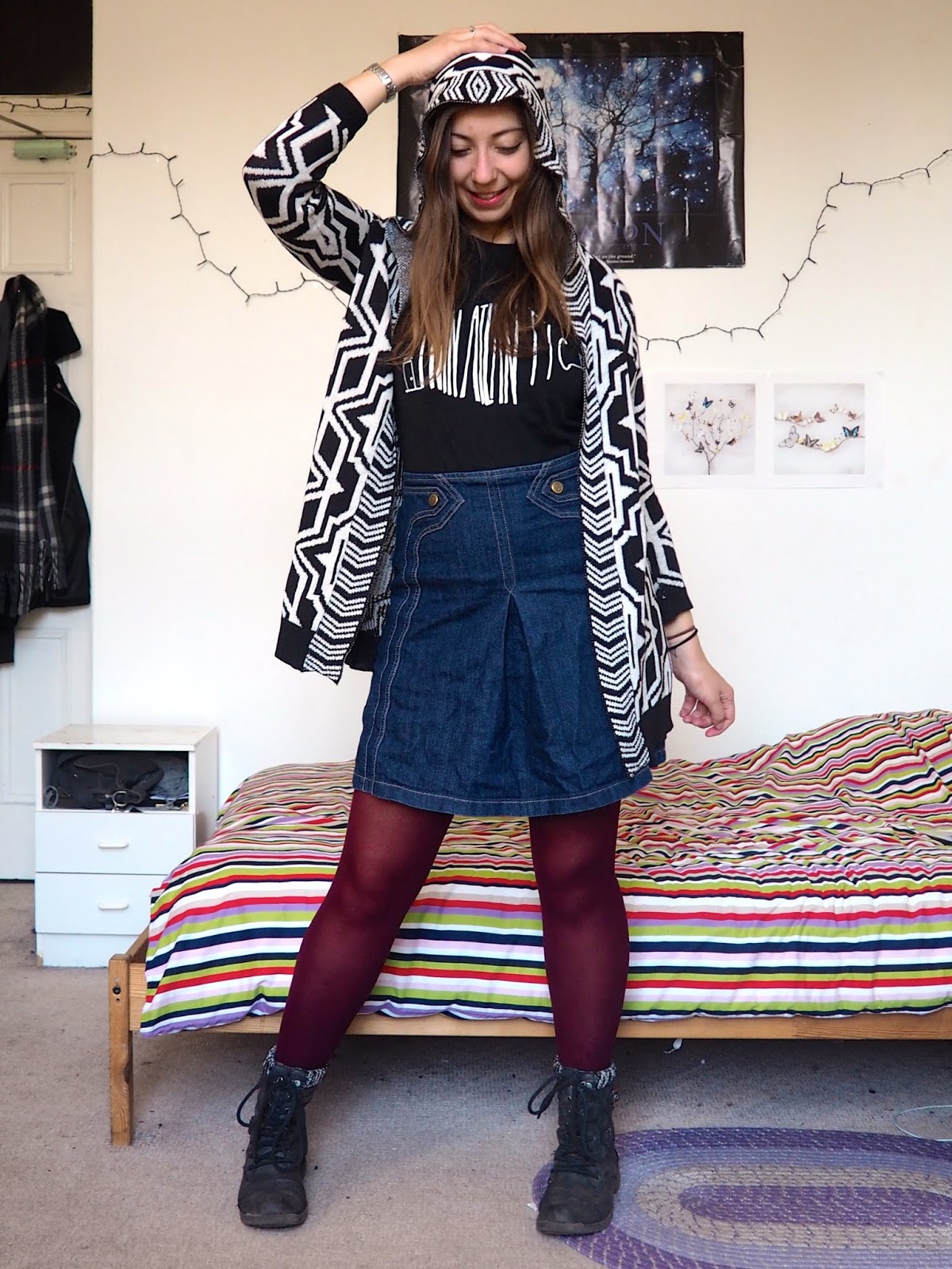 denim skirt tights and boots