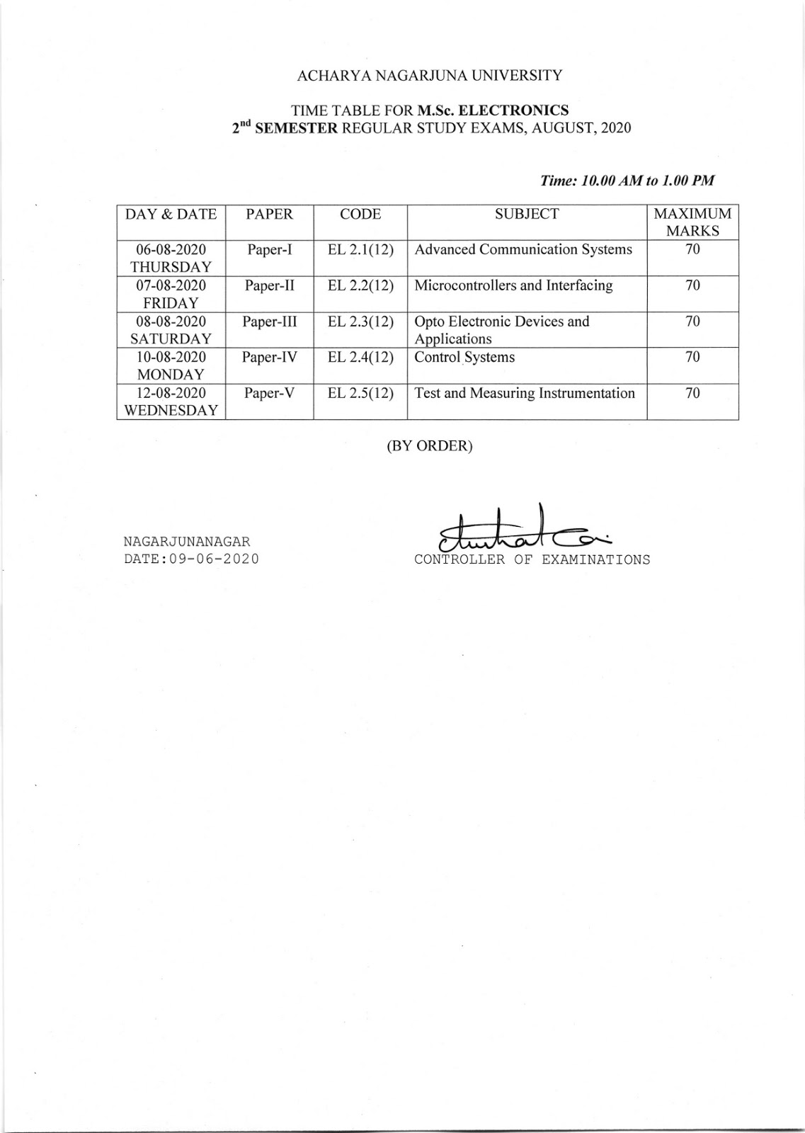 acharya nagarjuna university msc electronics 2nd sem aug 2020 exam time table