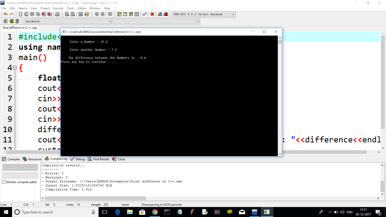 Difference between two numbers(float) in C++ Language without and with