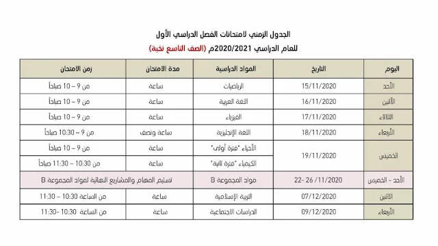 جدول امتحانات الفصل الاول 2020 الامارات الصف التاسع