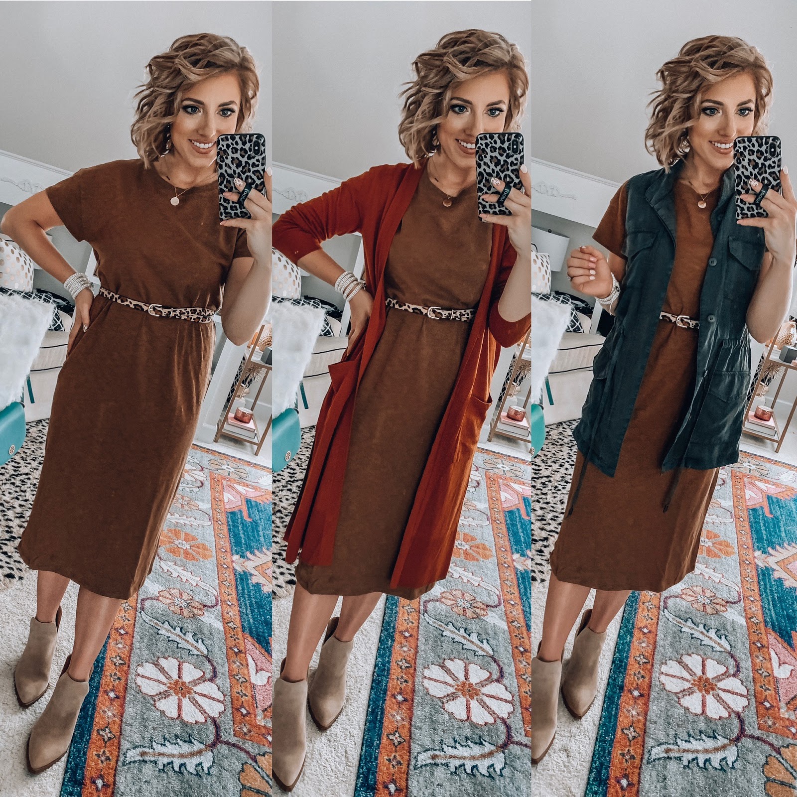 Target Fall Finds: Part One - Under $20 Midi T-Shirt Dress, Under $30 Rust Cardigan and Leopard Belt - Something Delightful Blog