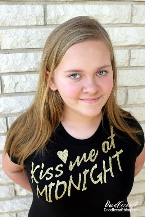 Make the perfect Kiss Me at Midnight Glitter Shirt DIY with gold iron-on glitter vinyl and the Cricut