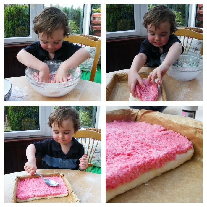 Making Coconut Ice - Step 5 - add the pink layer