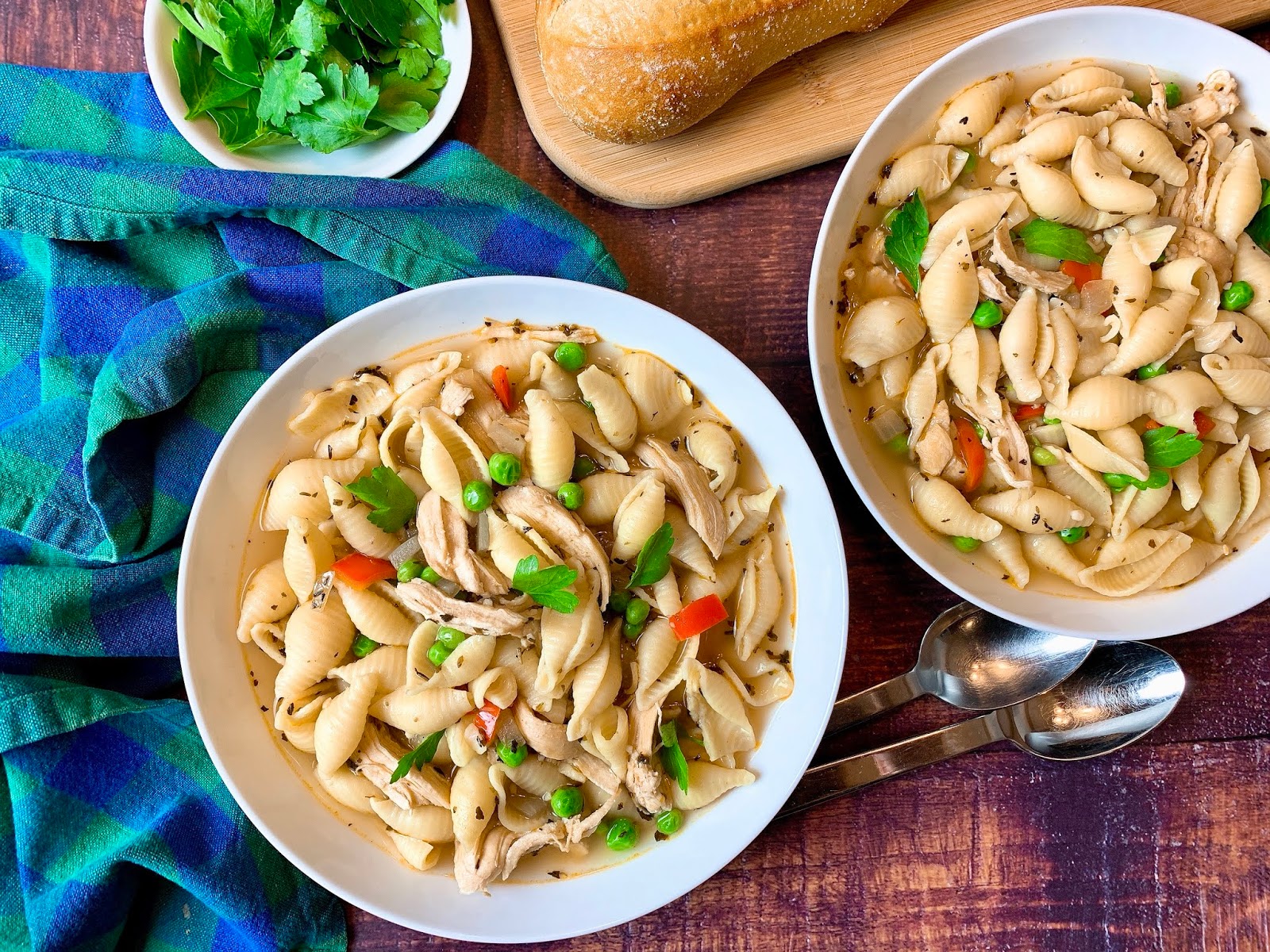Chicken Soup with Pasta Shells, Peppers and Peas
