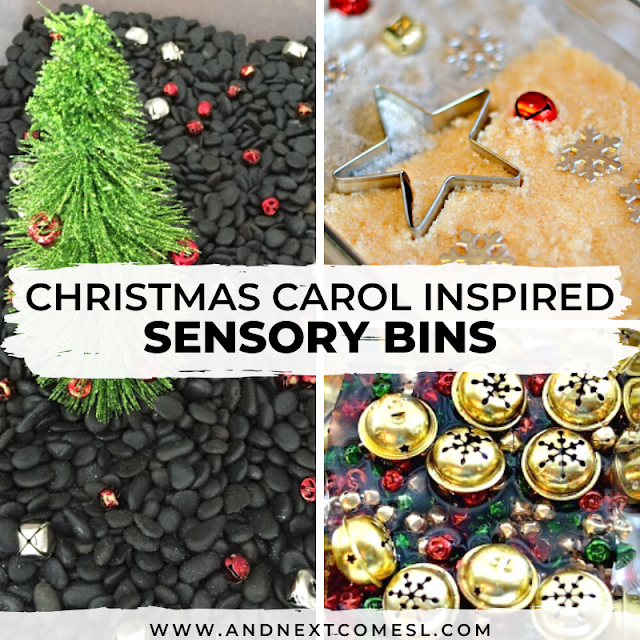 Christmas sensory bin ideas for toddlers and preschoolers based on Christmas carols