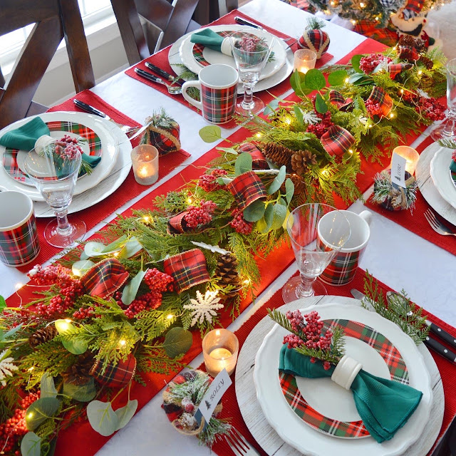 Dining Delight Cozy Plaid Christmas Tablescape with Garland Centerpiece