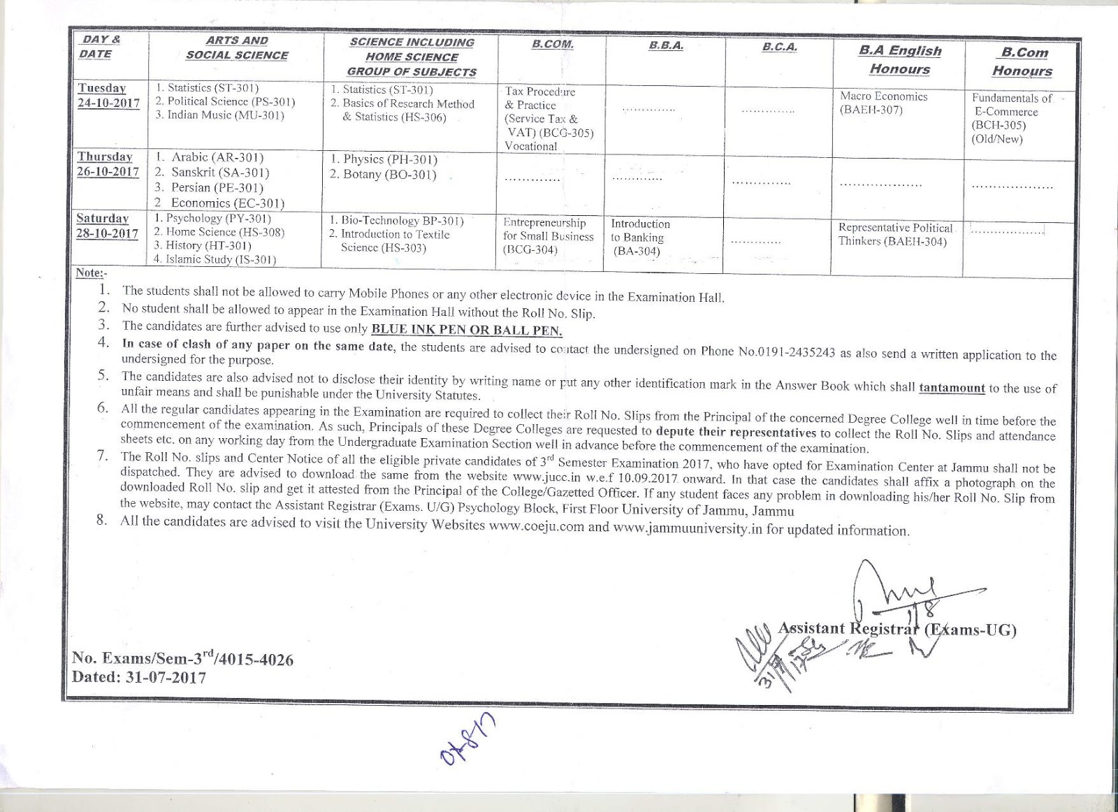 DATE SHEET OF BA/B.SC./B.SC. HOME ENGLISH (HONS