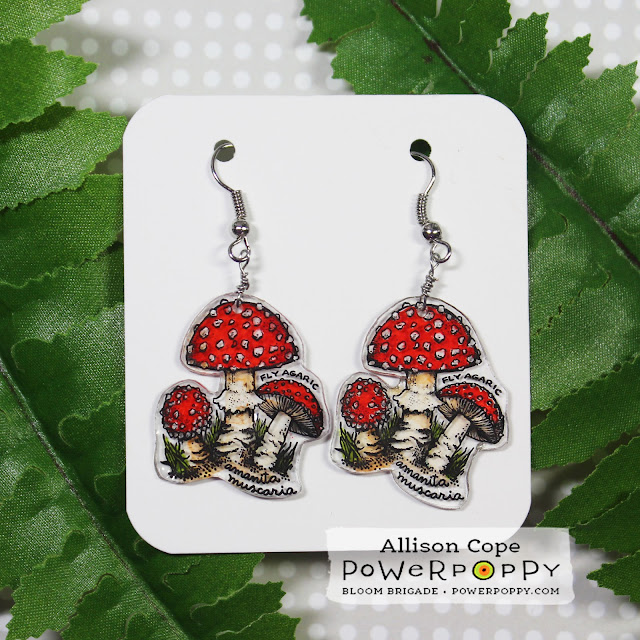 Little Mushroom Earrings by Allison Cope featuring the "Wild Mushrooms" stamp set from Power Poppy. Copic Markers. Shrink Plastic.