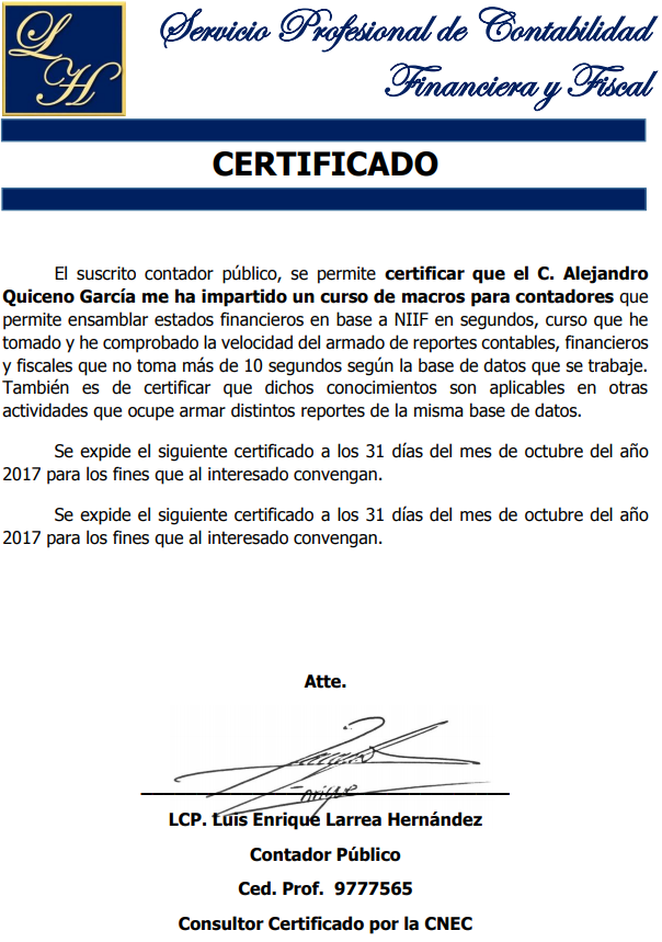 Certificacion del CP Luis Larrea, de