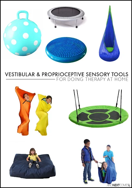 Our must have sensory therapy tools and toys for doing therapy at home with kids who have autism or sensory processing disorder from And Next Comes L