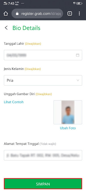 Isi data biodata pendaftaran GrabBike via Online