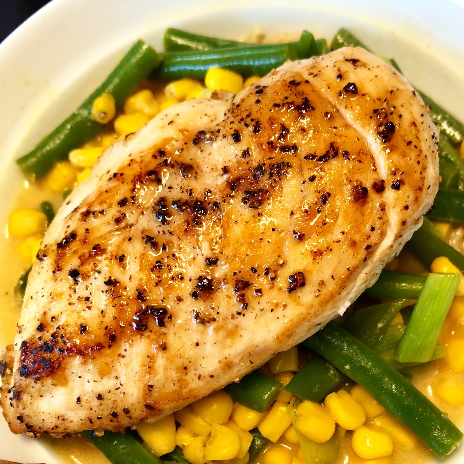 OvenRoasted Chicken with Creamy Sweetcorn, Green Beans and Spring Onions
