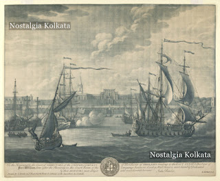 View of English vessels firing salutes in the foreground, old Fort William with two lines of battlements enclosing Government House and steeple of St. Anne's Church in the background, Calcutta, 1735
