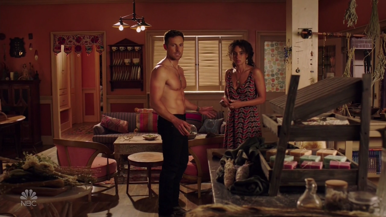 Dylan Bruce was shirtless once again on the NBC supernatural series Midnigh...