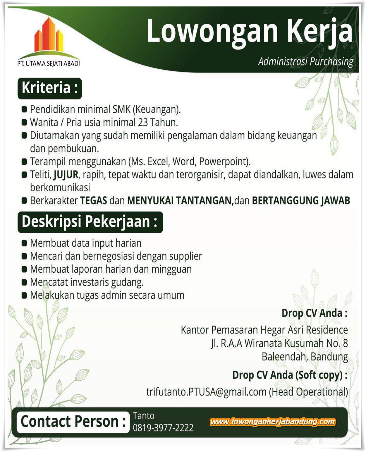 Lowongan Kerja Administrasi Purchasing PT. Utam Sejati Abadi - Loker