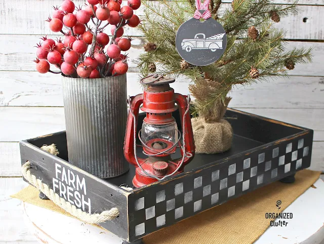 Repurposed/Upcycled Drawer Farmhouse Container Vignette & Tree Ornaments #stencil #Christmas #containervignette #farmhouseChristmas #Farmhouse #Checks #dixiebellepaint
