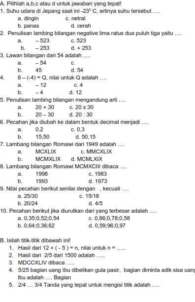 Soal Uts Matematika Kelas 4 Sd Semester 2 Essay Pilihan Ganda