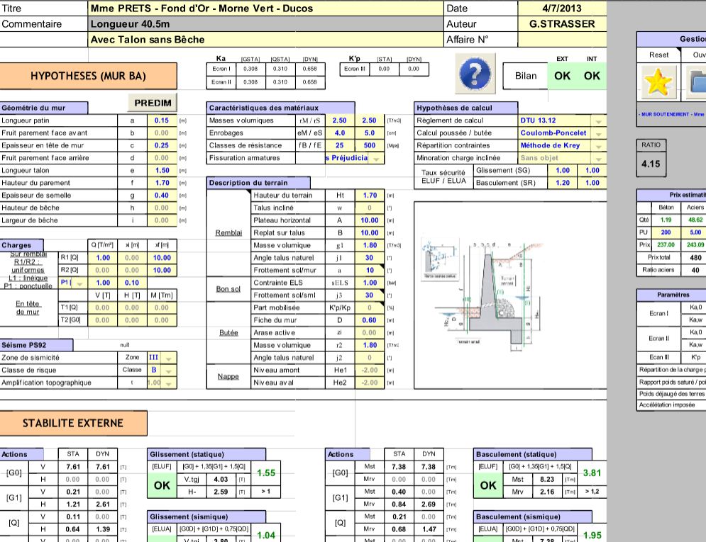 Calcul mur de soutenement excel