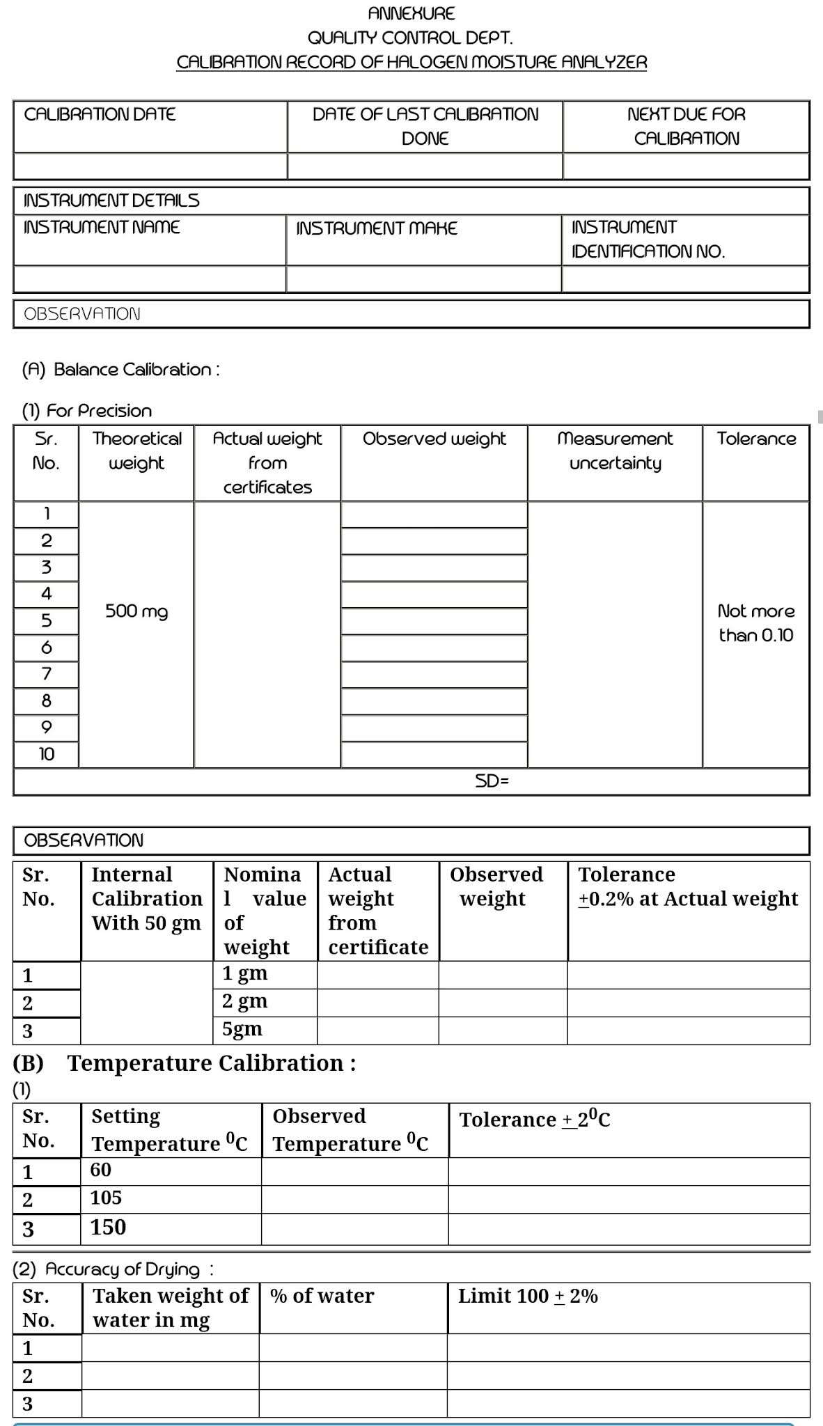 SOP for Calibration of Halogen Moisture Analyzer
