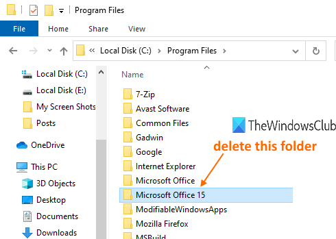 supprimer le dossier de la version installée de Microsoft Office