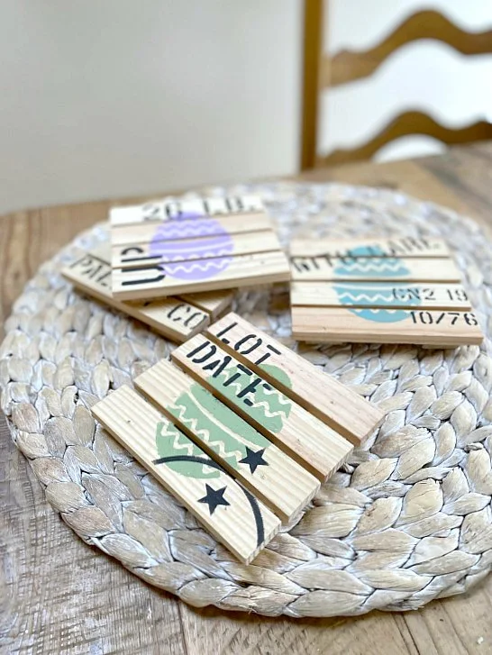 Stenciled pallet coasters on placemat