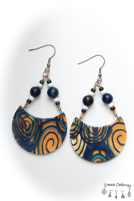 Boucles d'oreilles pâte polymère Canne Spirale bleu orange Fimo Stenna Création