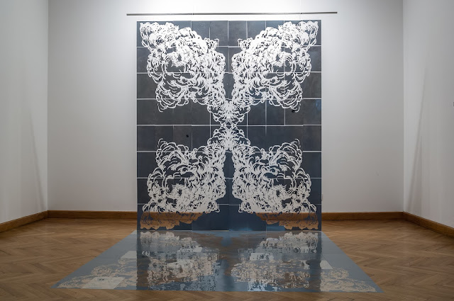 -PLACE- woodcut on transparency, dimensions 475x210cm, year 2007. Installation in Gallery of fine arts in Osijek