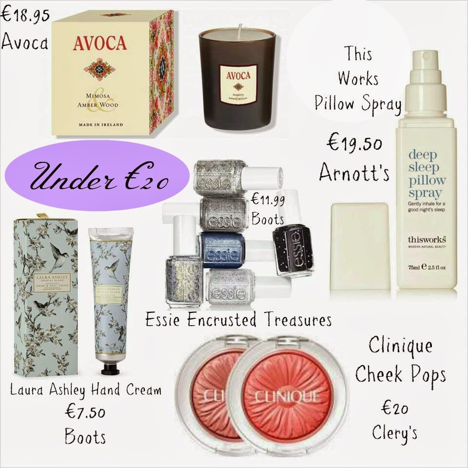 Mothers Day Under €20 - Clinique Cheek pops - Laura Ashley Hand Cream - Avoca Candle - This Works Pillow Spray - Essie Encrusted Treasures