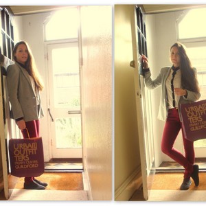 Black and white shirt and burgundy jeans