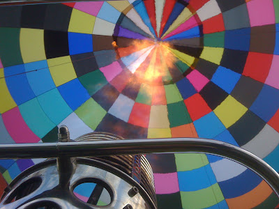 hot air balloon, inside the canopy, burner ignited