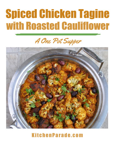 Spiced Chicken Tagine with Roasted Cauliflower ♥ KitchenParade.com, a one-pot supper, chicken and roasted cauliflower with warm spices and a touch of sour from Spiced Preserved Lemons.