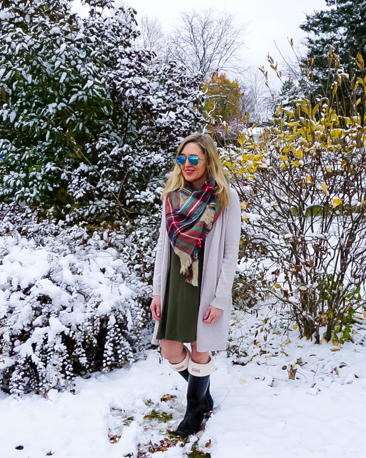 cozy blanket scarf, dress + Hunter boots