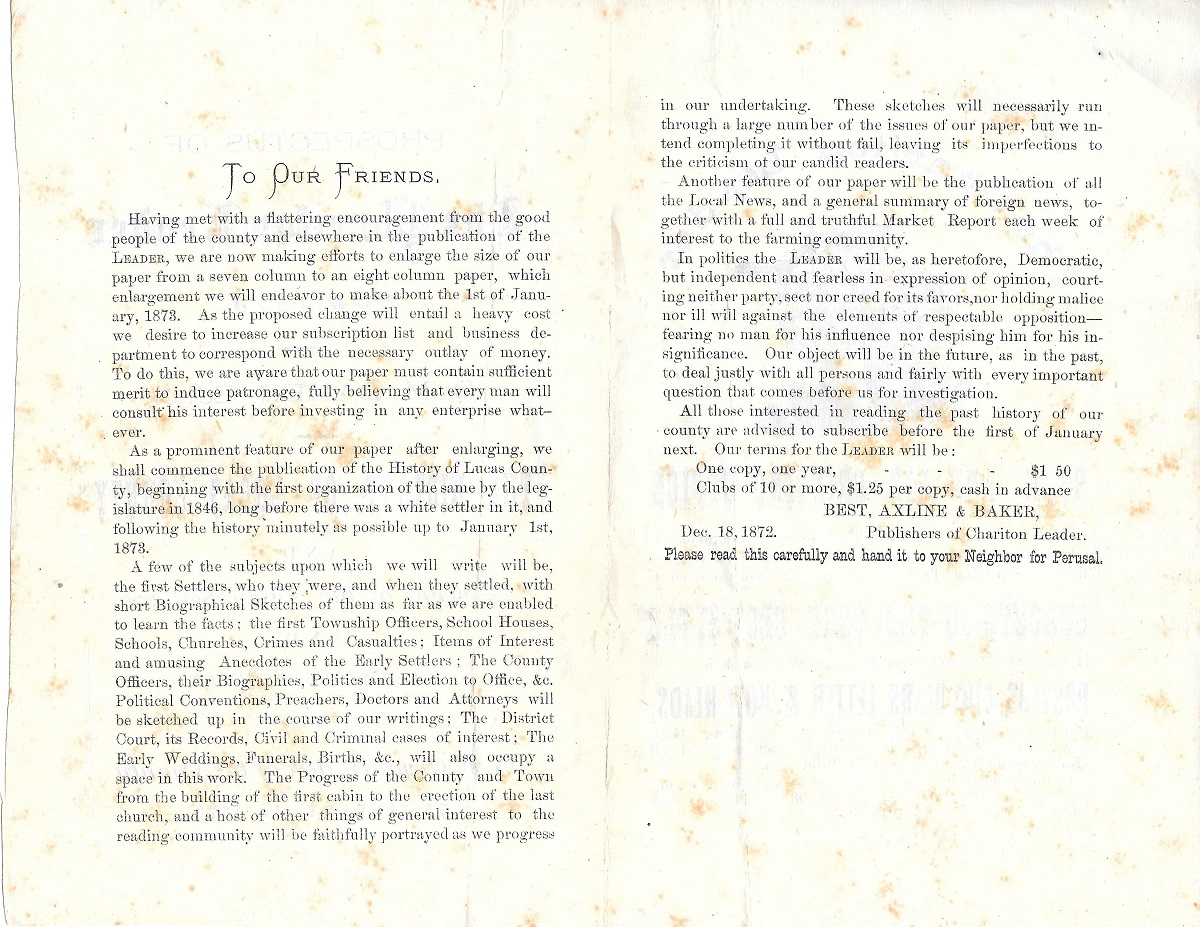 The Lucas Countyan A piece of Chariton Leader ephemera