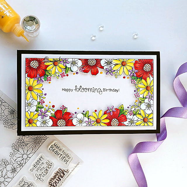Floral fringe Slimline card, Newton's Nook designs, floral card, Slimline cards, Copic markers, Birthday card, Quillish, 