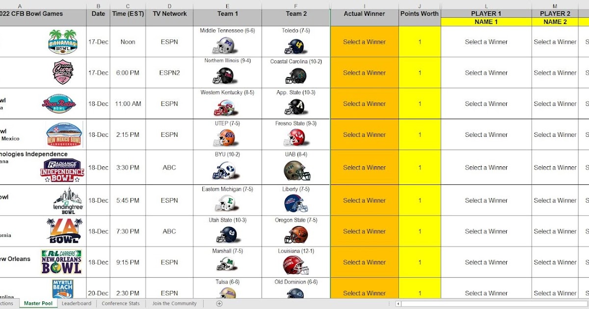 Excel Spreadsheets Help: 2021 College Football Bowl Prediction Pool