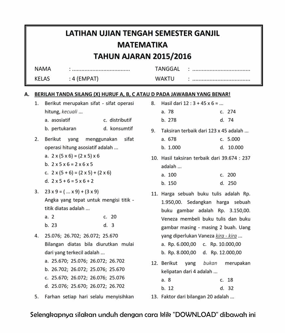 soal matematika kelas 3 sd semester 1 - wood scribd indo